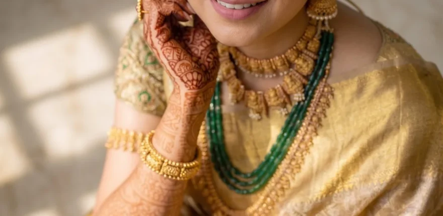 Bride in a gold saree with mehendi-decorated hands and traditional jewellery smiling naturally at her wedding, candid wedding photography in Indore