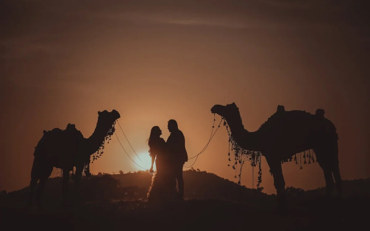 Silhouette of a couple holding hands between two decorated camels against a glowing orange sunset, cinematic pre-wedding shoot
