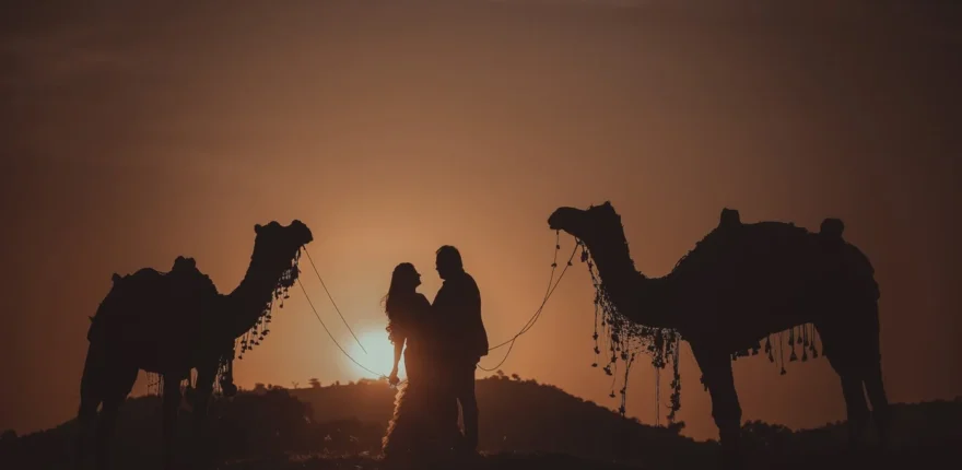 Silhouette of a couple holding hands between two decorated camels against a glowing orange sunset, cinematic pre-wedding shoot