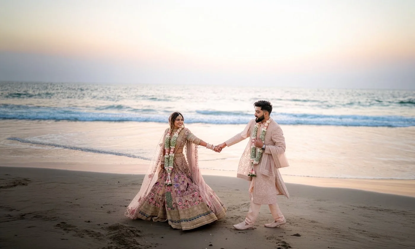 Bride in a pink embroidered lehenga and groom in a cream sherwani holding hands on a sandy beach at sunset