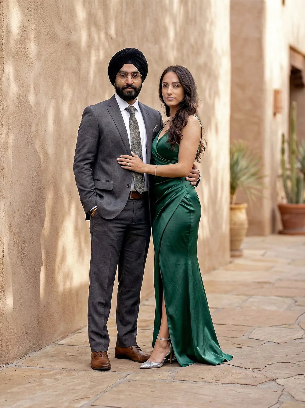 Couple in a grey suit and green gown standing beside a textured wall in an outdoor portrait