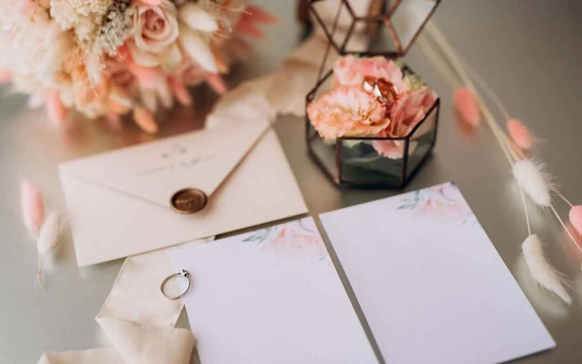 Wedding rings, invitation cards and flowers arranged on a table