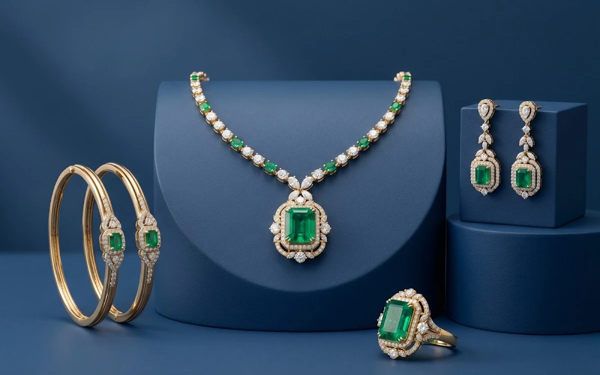 Gold and emerald bridal jewellery set with necklace, earrings, ring and bangles styled on a blue display