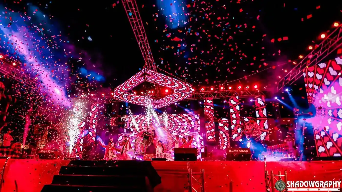 Wedding stage with decor and warm lighting, Indore wedding