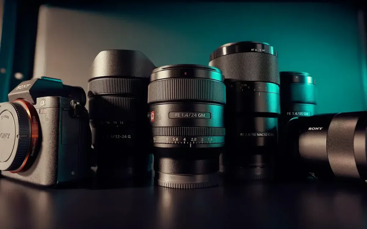 Professional camera bodies and lenses used in modern AI wedding photography workflows