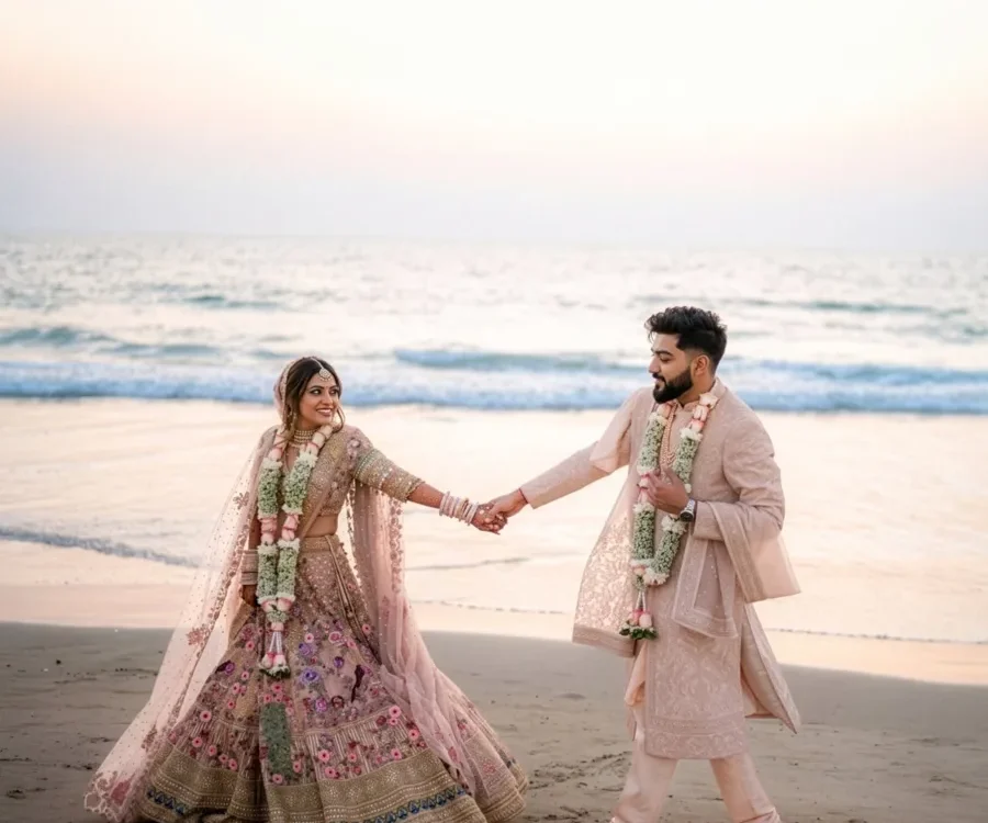 Bride in pink lehenga and groom in pastel sherwani holding hands on a beach at sunset