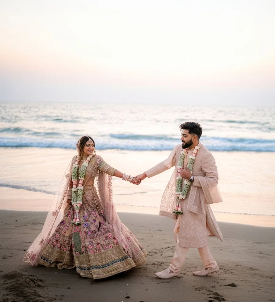 Bride in pink lehenga and groom in pastel sherwani holding hands on a beach at sunset